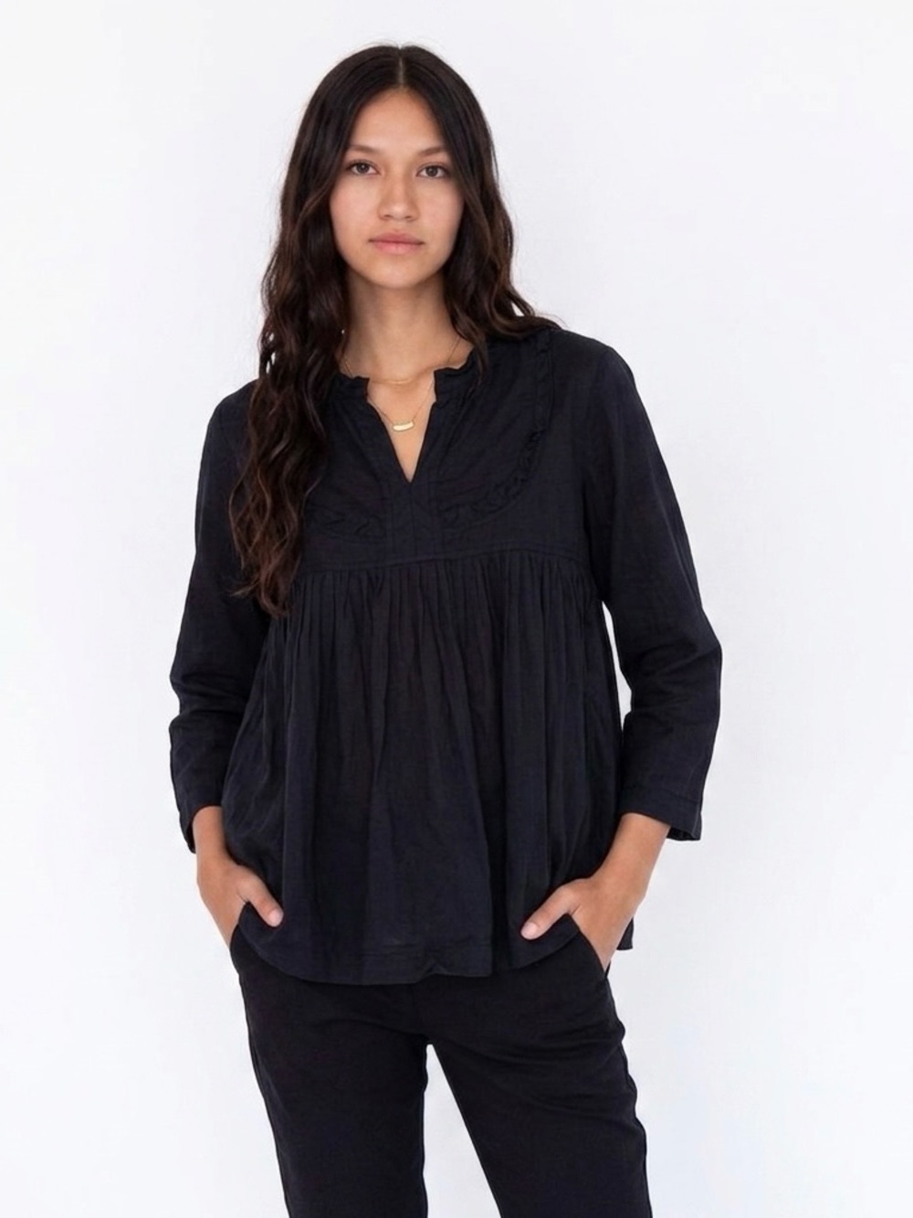 Matta Vaibhav Jamdani Lightweight Handwoven Cotton Peasant Top Black Boho XS